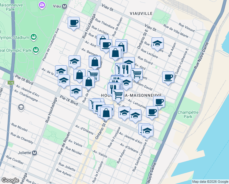 map of restaurants, bars, coffee shops, grocery stores, and more near 2017 Avenue Letourneux in Montréal