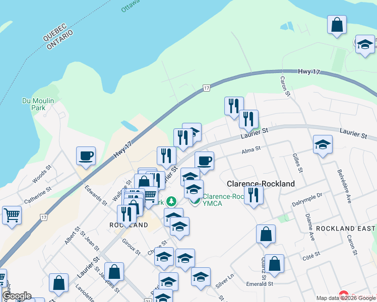 map of restaurants, bars, coffee shops, grocery stores, and more near 1350 Laurier Street in Clarence-Rockland