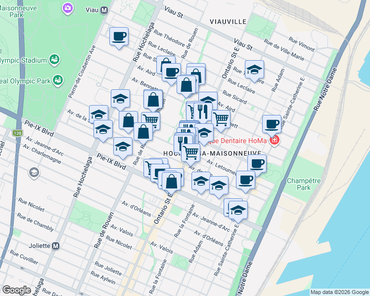 map of restaurants, bars, coffee shops, grocery stores, and more near 2017 Avenue Letourneux in Montréal