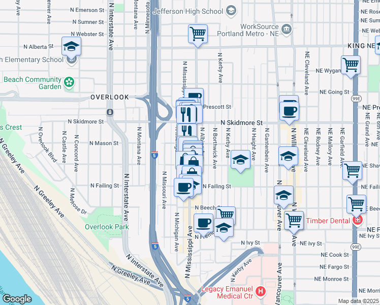 map of restaurants, bars, coffee shops, grocery stores, and more near 4057 North Mississippi Avenue in Portland