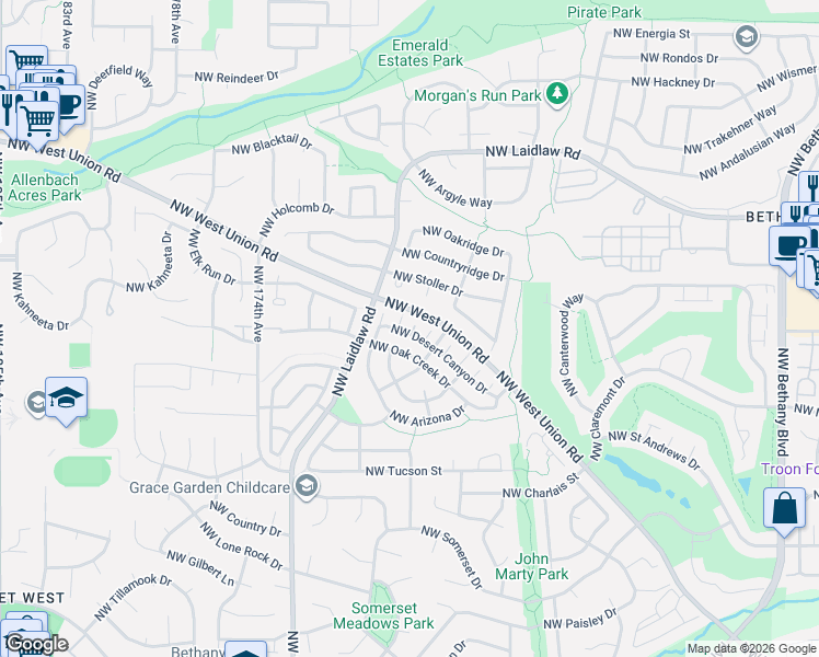 map of restaurants, bars, coffee shops, grocery stores, and more near 16901 Northwest Desert Canyon Drive in Beaverton