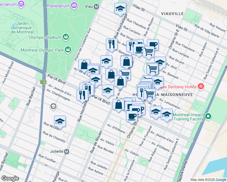 map of restaurants, bars, coffee shops, grocery stores, and more near 4211 Rue de Rouen in Montréal