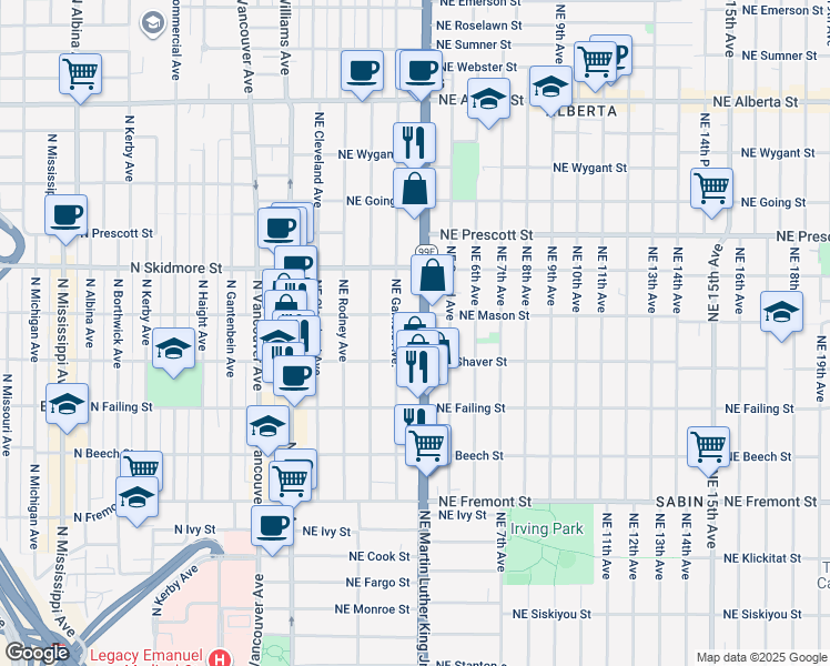 map of restaurants, bars, coffee shops, grocery stores, and more near 4116 Northeast Garfield Avenue in Portland