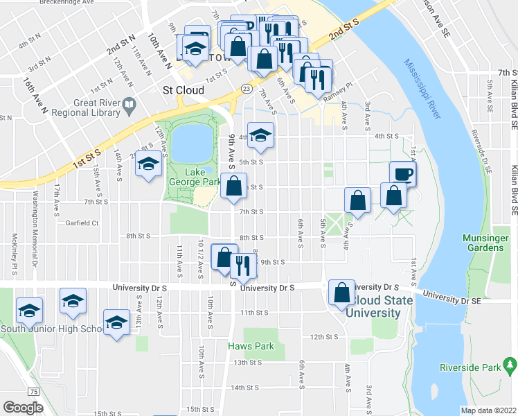 map of restaurants, bars, coffee shops, grocery stores, and more near 626 8th Avenue South in St. Cloud