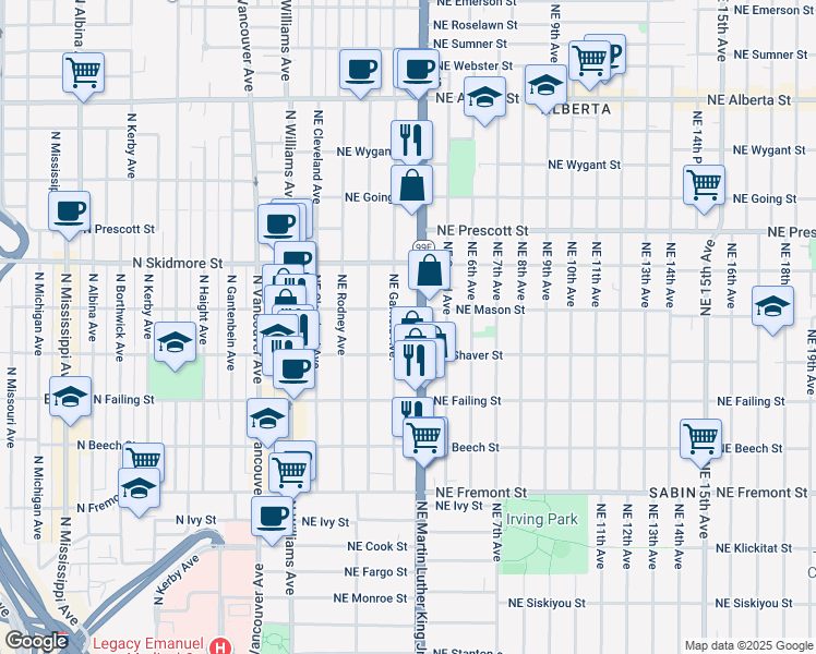 map of restaurants, bars, coffee shops, grocery stores, and more near 4041 Northeast Martin Luther King Junior Boulevard in Portland