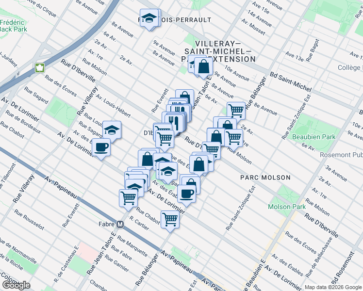 map of restaurants, bars, coffee shops, grocery stores, and more near 7107 Avenue Louis-Hébert in Montréal