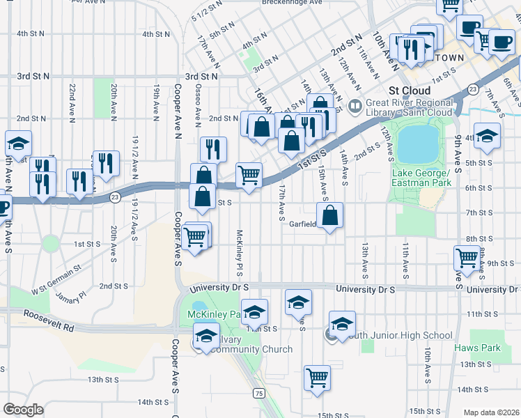 map of restaurants, bars, coffee shops, grocery stores, and more near 705 Washington Memorial Drive in Saint Cloud
