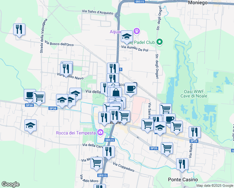 map of restaurants, bars, coffee shops, grocery stores, and more near 6 Via della Fonda in Noale