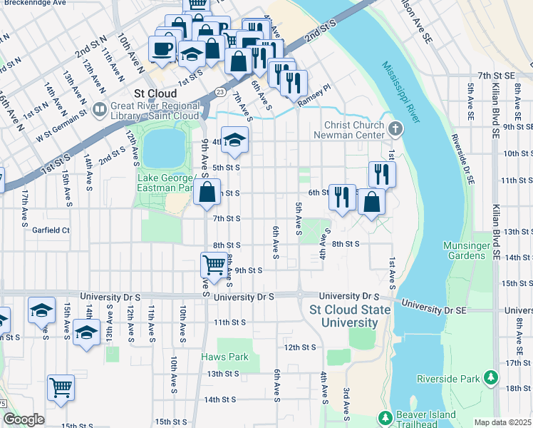 map of restaurants, bars, coffee shops, grocery stores, and more near 609 7th Street South in St. Cloud
