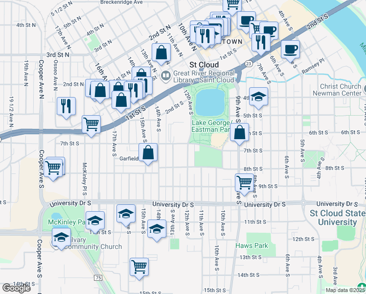 map of restaurants, bars, coffee shops, grocery stores, and more near in St. Cloud