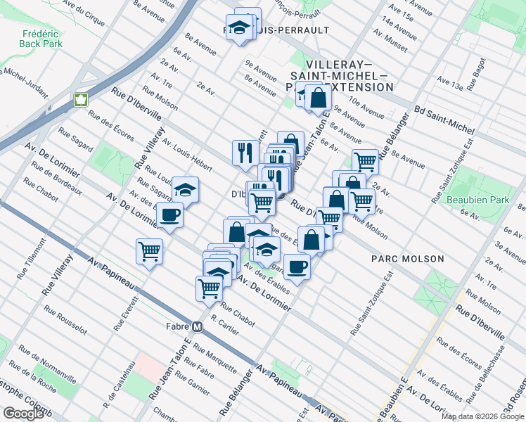 map of restaurants, bars, coffee shops, grocery stores, and more near 2425 Rue Jean-Talon Est in Montréal