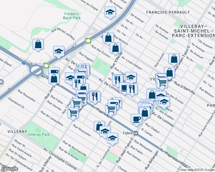 map of restaurants, bars, coffee shops, grocery stores, and more near 2056 Rue L.-O.-David in Montréal