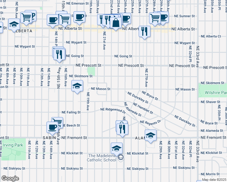 map of restaurants, bars, coffee shops, grocery stores, and more near 4131 Northeast 22nd Avenue in Portland