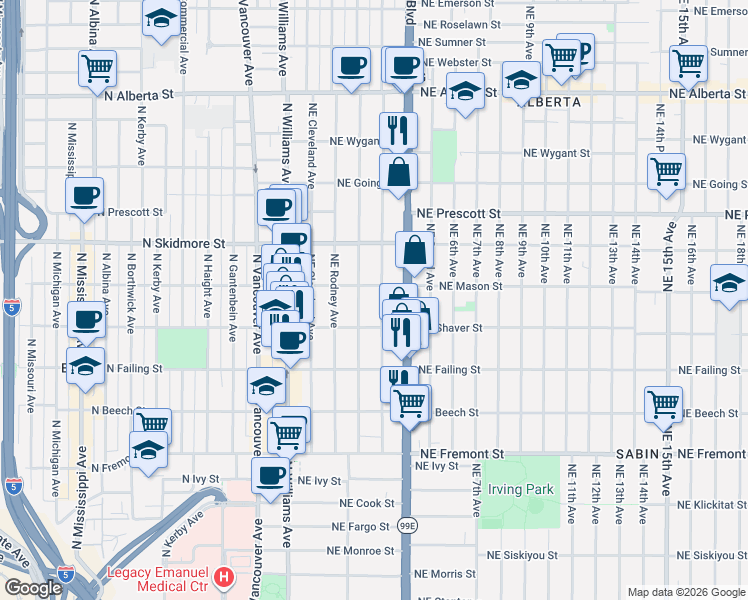 map of restaurants, bars, coffee shops, grocery stores, and more near 4116 Northeast Garfield Avenue in Portland