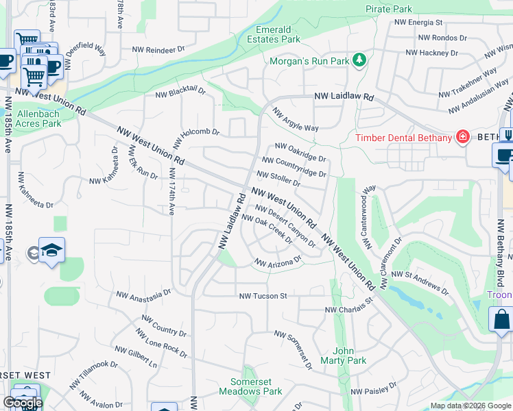 map of restaurants, bars, coffee shops, grocery stores, and more near 4715 Northwest 169th Place in Portland