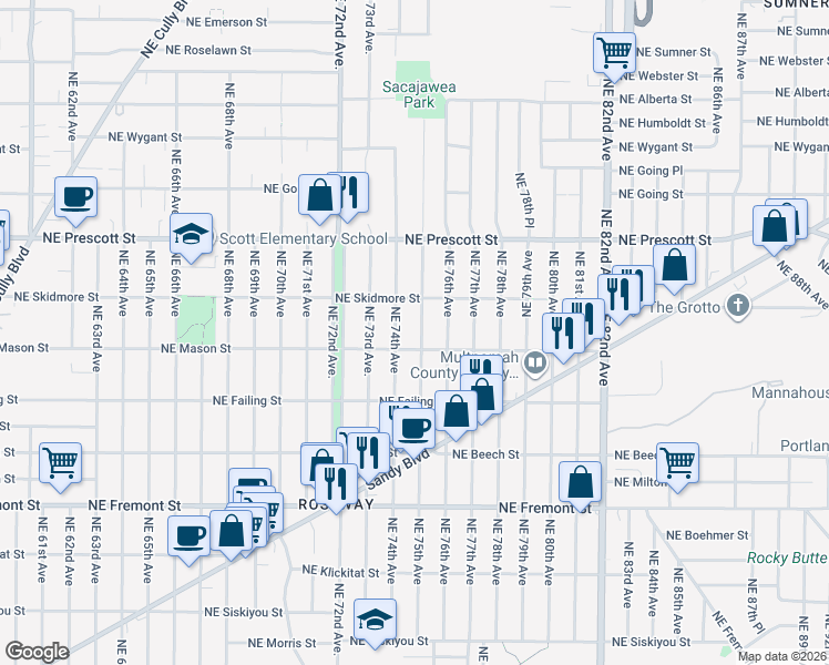 map of restaurants, bars, coffee shops, grocery stores, and more near 4229 Northeast 75th Avenue in Portland