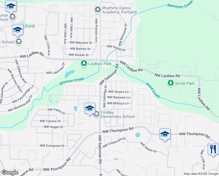 map of restaurants, bars, coffee shops, grocery stores, and more near 4678 Northwest Oxbridge Drive in Portland