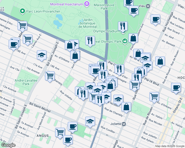 map of restaurants, bars, coffee shops, grocery stores, and more near 4334 Avenue d'Orléans in Montréal