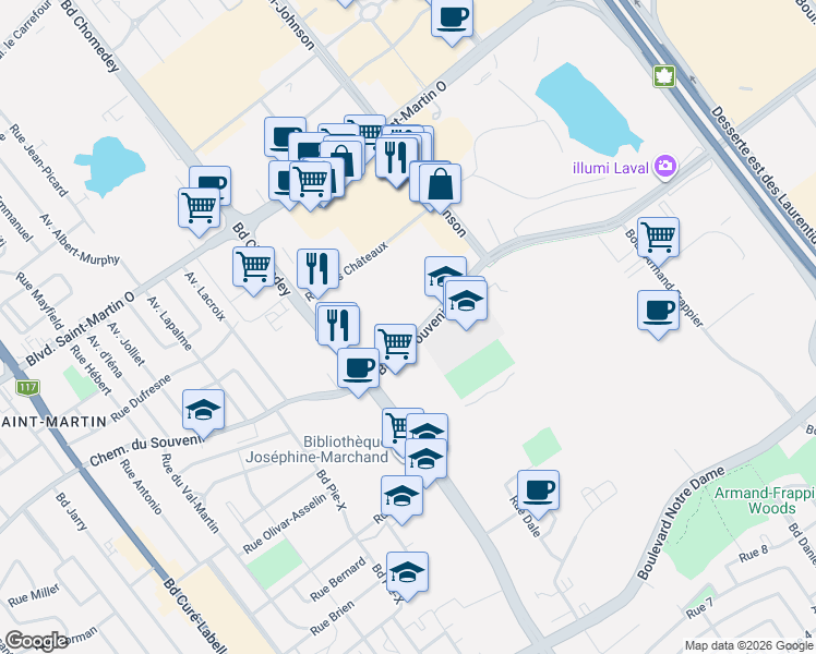 map of restaurants, bars, coffee shops, grocery stores, and more near 3333 Boulevard du Souvenir in Laval