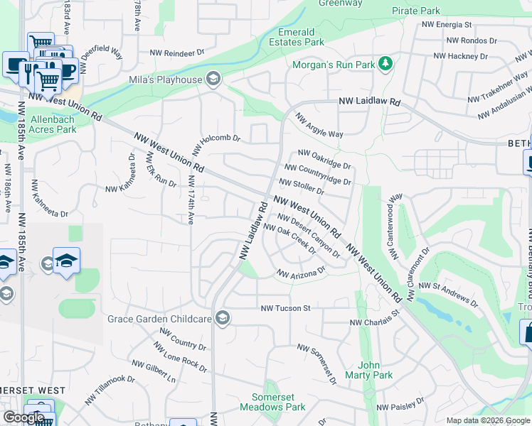 map of restaurants, bars, coffee shops, grocery stores, and more near 16972 Northwest Arizona Drive in Beaverton