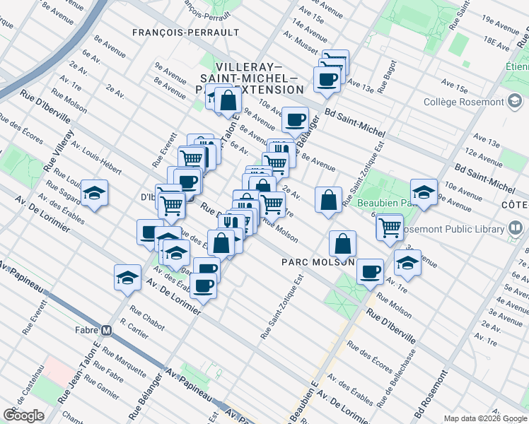 map of restaurants, bars, coffee shops, grocery stores, and more near 2560 Rue Bélanger in Montréal