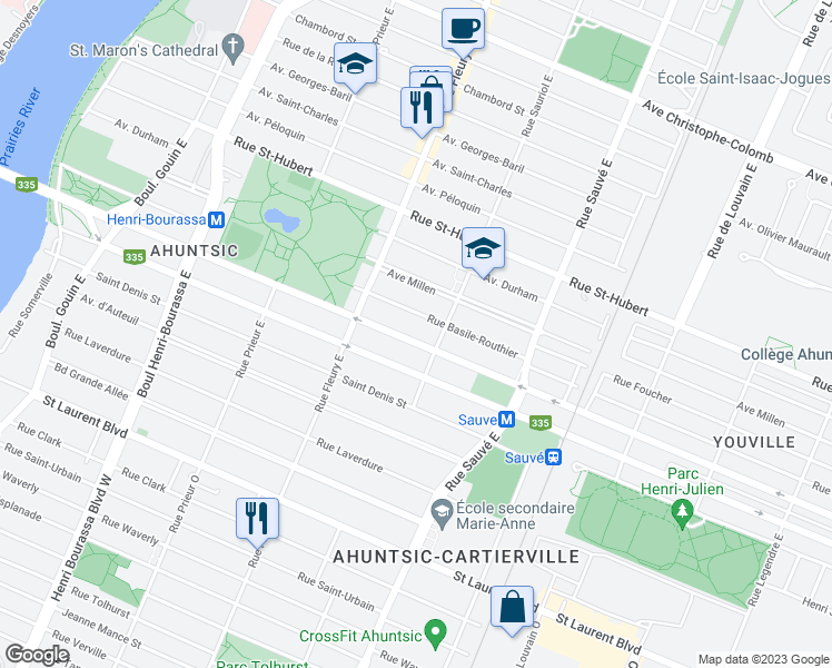 map of restaurants, bars, coffee shops, grocery stores, and more near 10135 Rue Lajeunesse in Montréal