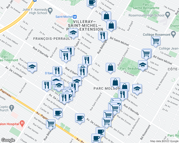 map of restaurants, bars, coffee shops, grocery stores, and more near 2560 Rue Bélanger in Montréal