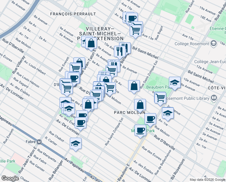 map of restaurants, bars, coffee shops, grocery stores, and more near 6886 Avenue 1re in Montréal