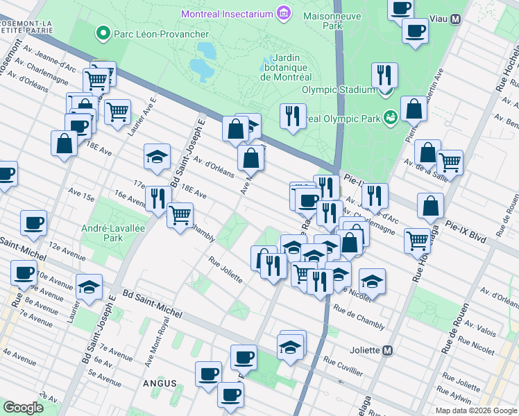 map of restaurants, bars, coffee shops, grocery stores, and more near 4460 Avenue Bourbonnière in Montréal