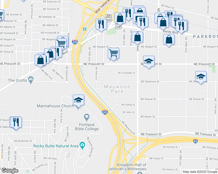 map of restaurants, bars, coffee shops, grocery stores, and more near 9806 Northeast Skidmore Street in Portland