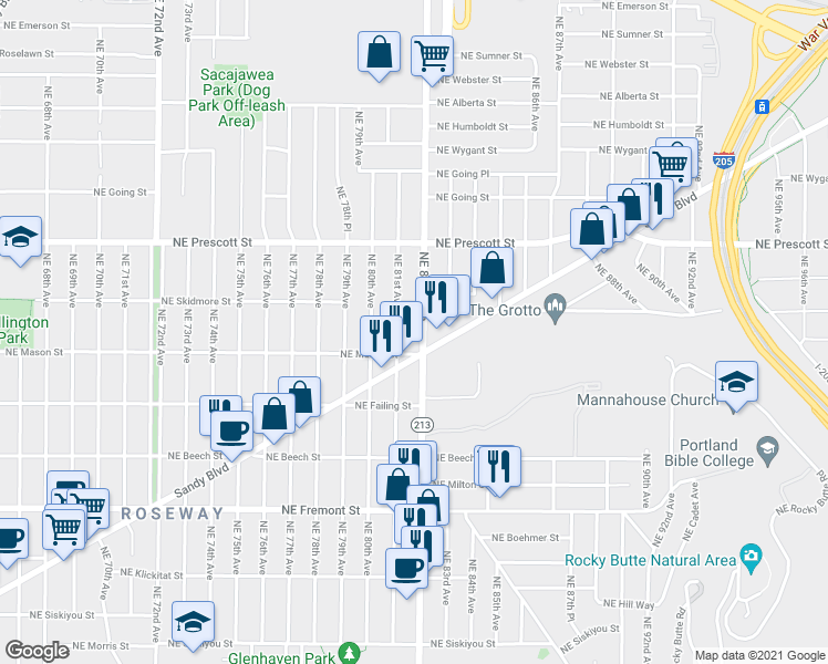 map of restaurants, bars, coffee shops, grocery stores, and more near 4241 Cascade Highway in Portland