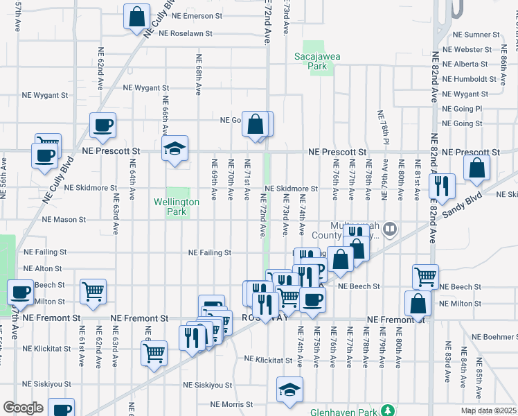 map of restaurants, bars, coffee shops, grocery stores, and more near 4231 Northeast 72nd Avenue in Portland
