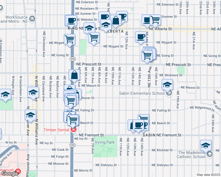 map of restaurants, bars, coffee shops, grocery stores, and more near 4110 Northeast 9th Avenue in Portland