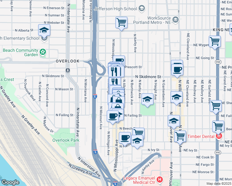 map of restaurants, bars, coffee shops, grocery stores, and more near in Portland