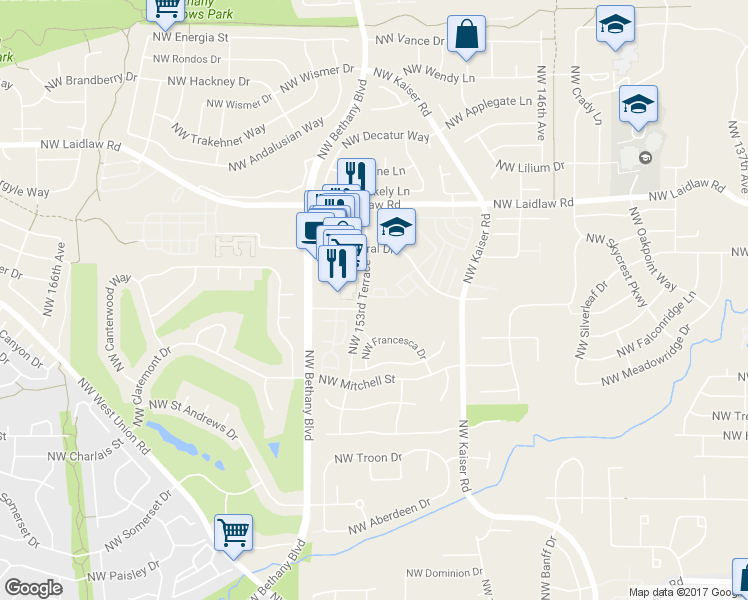 map of restaurants, bars, coffee shops, grocery stores, and more near 15050 Northwest Central Drive in Portland