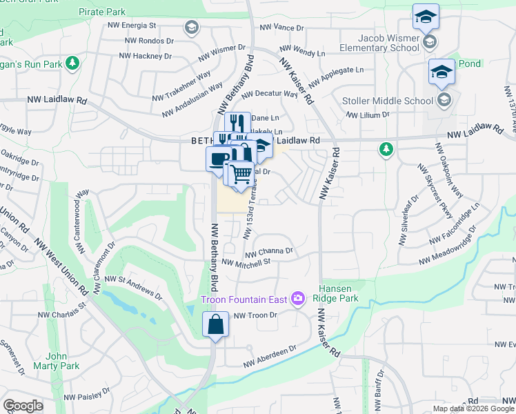 map of restaurants, bars, coffee shops, grocery stores, and more near 15050 Northwest Central Drive in Portland