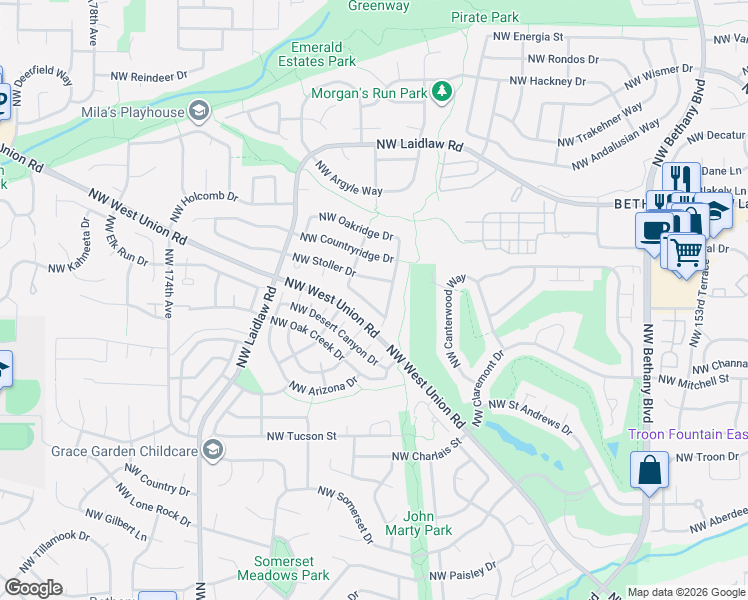 map of restaurants, bars, coffee shops, grocery stores, and more near 4632 Northwest Buckboard Drive in Portland
