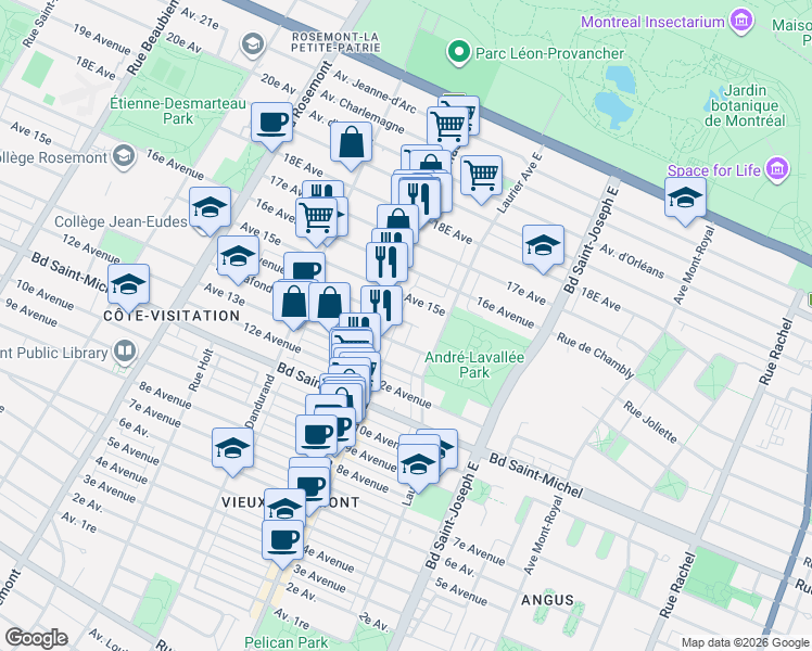 map of restaurants, bars, coffee shops, grocery stores, and more near 5341 Rue Lafond in Montréal