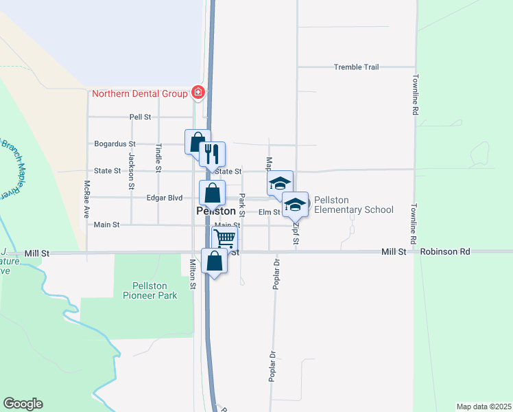 map of restaurants, bars, coffee shops, grocery stores, and more near 172 Park Street in Pellston