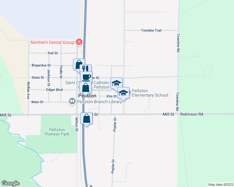 map of restaurants, bars, coffee shops, grocery stores, and more near 172 Park Street in Pellston