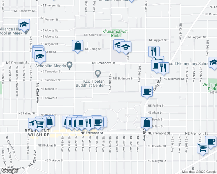 map of restaurants, bars, coffee shops, grocery stores, and more near 5124 Northeast Mason Court in Portland