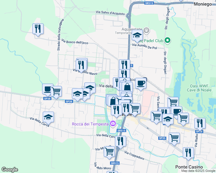 map of restaurants, bars, coffee shops, grocery stores, and more near 24 Via della Fonda in Noale
