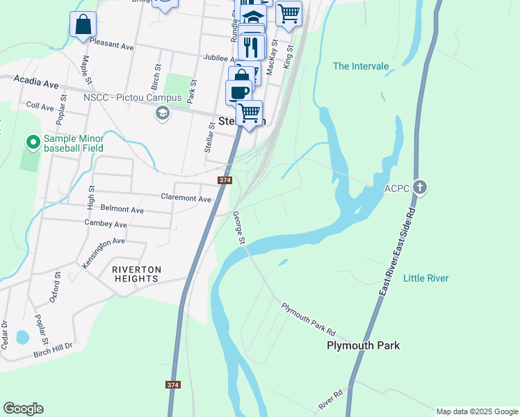 map of restaurants, bars, coffee shops, grocery stores, and more near 114 River Street in Stellarton