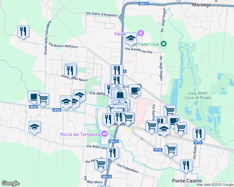 map of restaurants, bars, coffee shops, grocery stores, and more near 6 Via della Fonda in Noale