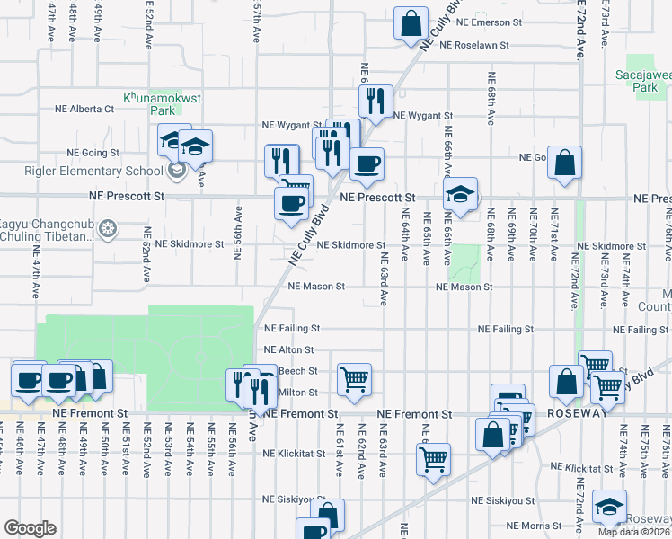 map of restaurants, bars, coffee shops, grocery stores, and more near 6011 Northeast Mason Street in Portland
