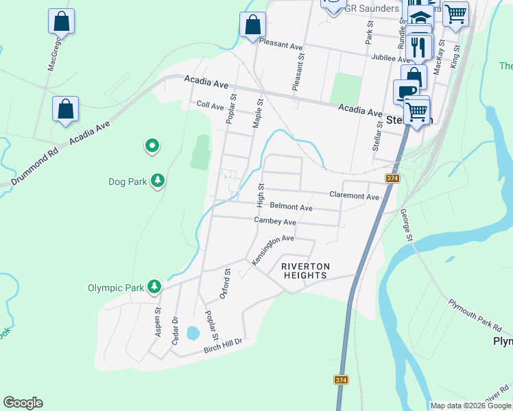 map of restaurants, bars, coffee shops, grocery stores, and more near Belmont Avenue in Stellarton