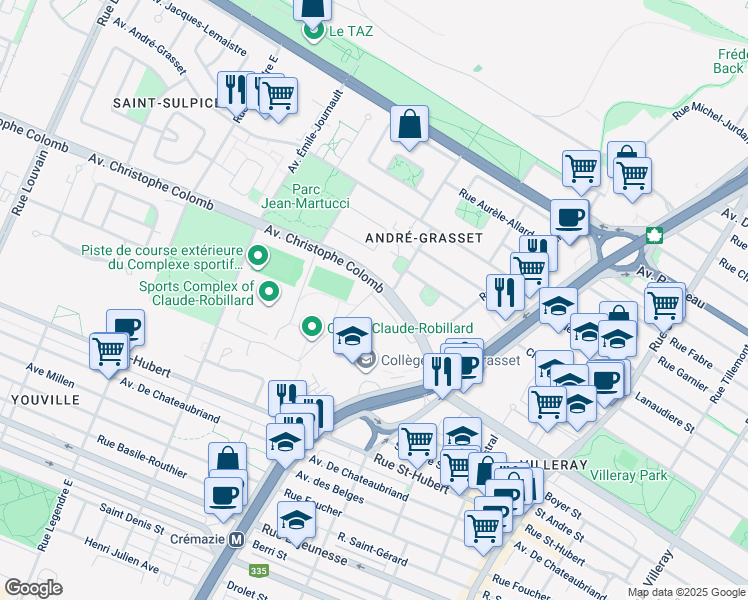 map of restaurants, bars, coffee shops, grocery stores, and more near 8600 Rue Raymond Pelletier in Montreal