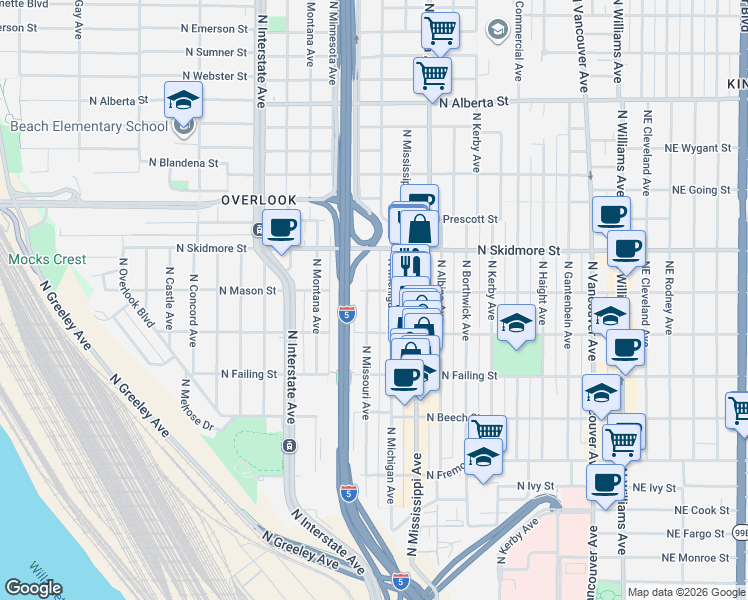 map of restaurants, bars, coffee shops, grocery stores, and more near 4066 North Missouri Avenue in Portland