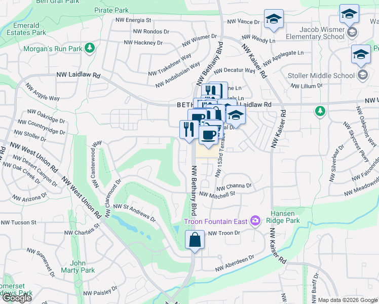 map of restaurants, bars, coffee shops, grocery stores, and more near 15535 Northwest Par Court in Portland