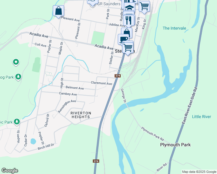 map of restaurants, bars, coffee shops, grocery stores, and more near 11 Claremont Avenue in Stellarton